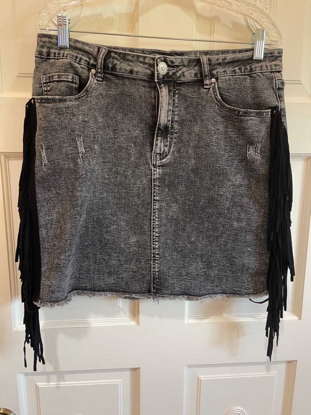 Black Acid-Wash Denim Mini Skirt with Fringe Side Detail
